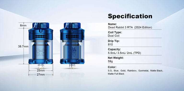 Caractéristiques de l'atomiseur reconstructible Dead Rabbit 3 RTA édition 2024 par Hellvape.